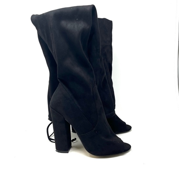 Steve Madden Elliana Peep Toe Over the Knee Boot Heel Black Faux Suede Size 8M - Picture 6 of 11